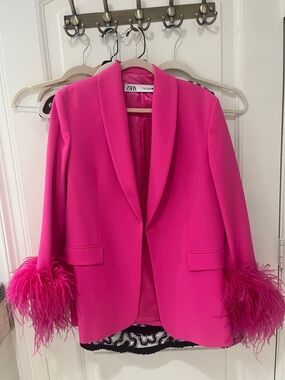Zara Fuchsia Blazer with Feather Cuffs